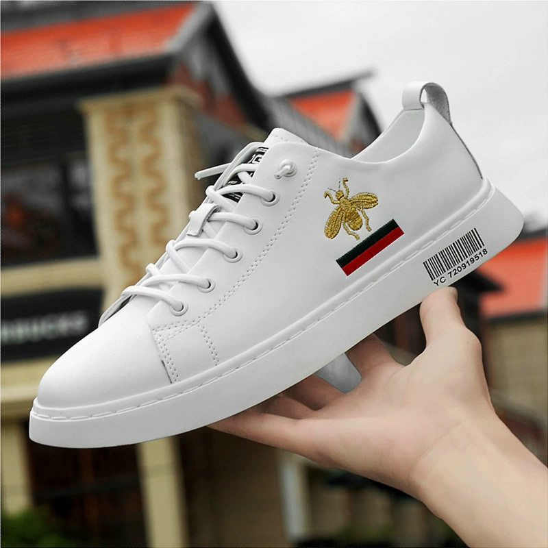 Обувь для досок из натуральной кожи с низким вырезом и пчелами TikTok Explosions Белая обувь на внутренней высоте Летняя дышащая мужская Спортивная повседневная обувь
