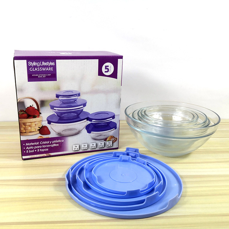 Factory direct sales of fresh-keeping bowl five-piece set with lid glass fresh-keeping bowl lunch box suit promotional gift bowl wholesale printing Factory direct sales of fresh-keeping bowl five-piece set with lid glass fresh-keeping bowl lunch box suit promotional gift bowl wholesale printing