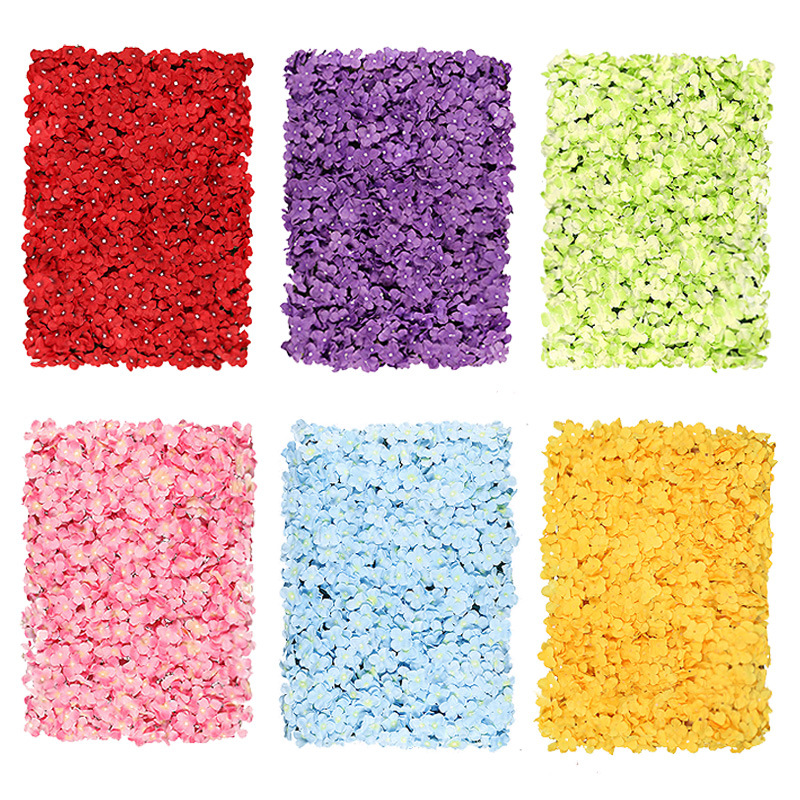 Hortensia artificial flor fila seda flor boda estudio Fondo pared boda decoración interior artificial flor pared al por mayor