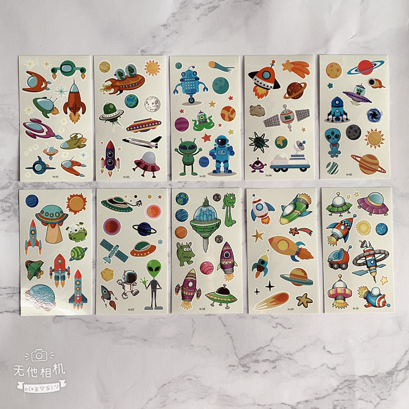 Estricta selección Nuevo espacio tatuaje pegatinas impermeable niños dibujos animados astronauta nave espacial pegatinas de tatuaje en stock al por mayor