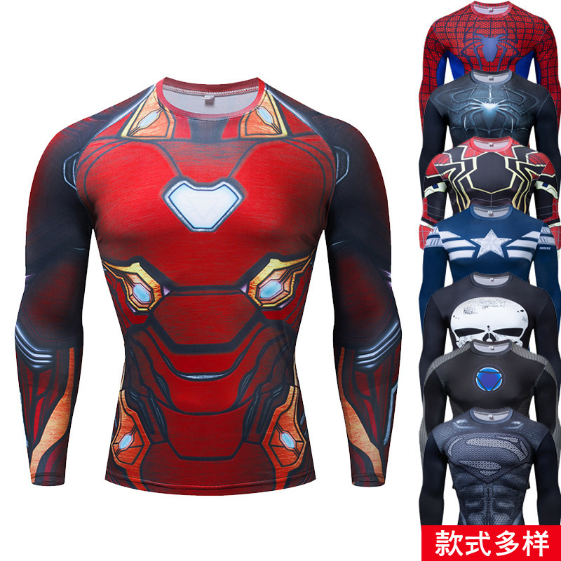 Men's Long-sleeved Fitness Clothing Sports Captain America Marvel Panther Quick-drying Long-sleeved Spiderman Tights Men's Long-sleeved Fitness Clothing Sports Captain America Marvel Panther Quick-drying Long-sleeved Spiderman Tights