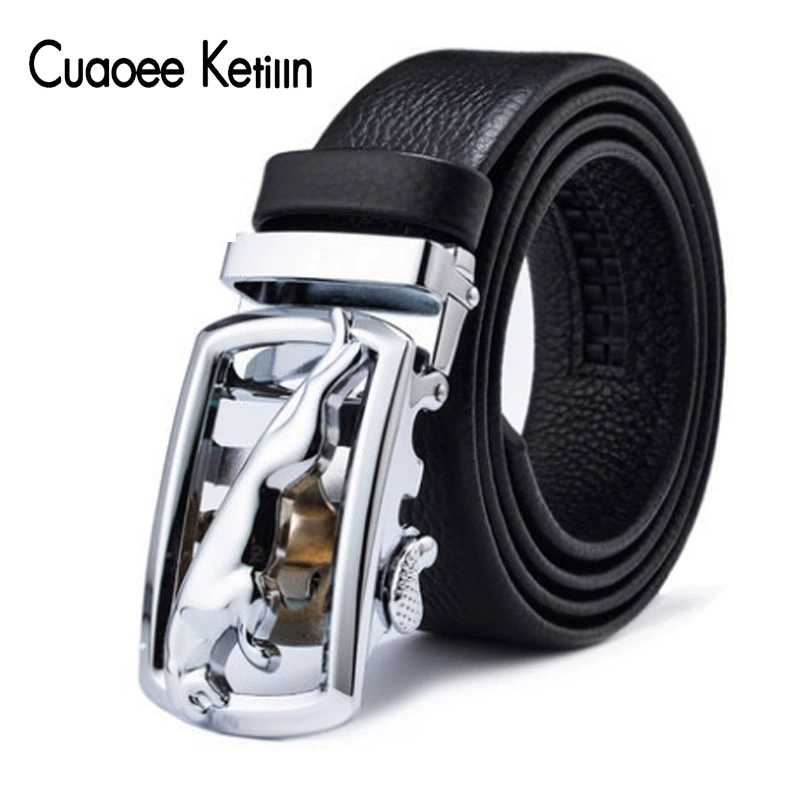 Men’s genuine leather ratchet belt, two‑layer cowhide, adjustable 110–125 cm