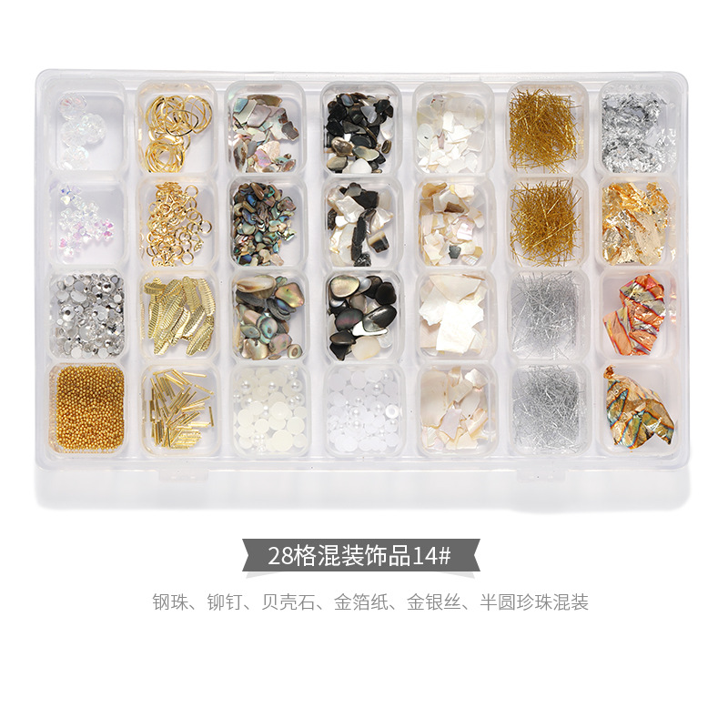 28 joyas de manicura mezcladas, perlas de acero, remaches de estrellas y lunas, conchas de metal, papel de oro y plata, accesorios de uñas, cristal