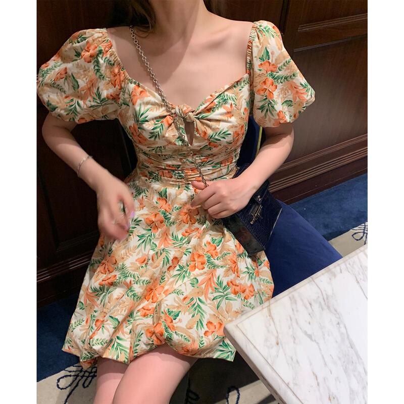 Ready Stock/Ms Hawaiian Dusk Three-Piece Waist Slimming Look Dress Floral Tea Break Short Skirt Top