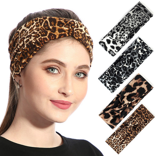 Amazon Spring Summer Autumn European and American Headband Hair Tie Leopard Print Cross Draw Hairband Wide Edge Yoga Hairband Scarf