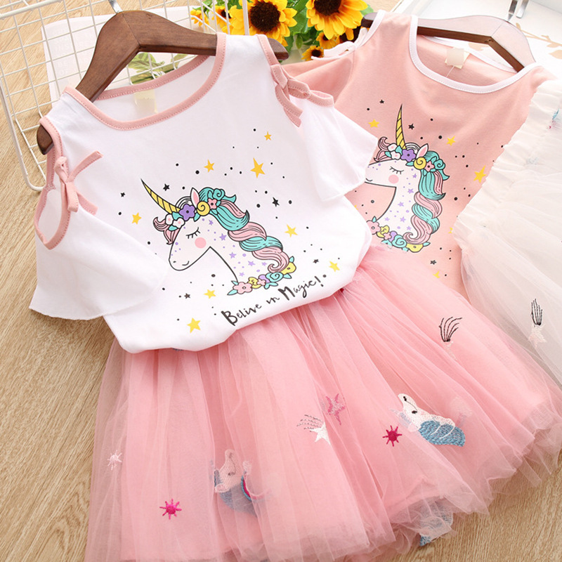 Children's Suit 2026 Summer New Style Korean Style Girls' Cartoon Printed Short-Sleeved T-Shirt + Tutu Skirt Two-Piece Suit