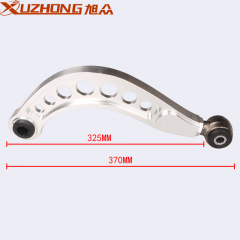 Automotive modified chassis parts: multi-colored metal suspension curved rocker arms, rear suspension curved swing arms, and arched designs.