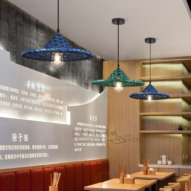 Estilo chino sombrero de paja de bambú araña cubo sombrero personalidad creativa retro olla caliente restaurante granja restaurante lámpara