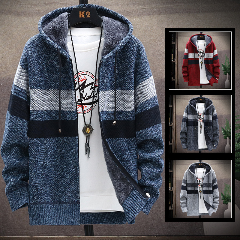 Cross-Border 2020 Autumn and Winter new men's Korean-style knitted cardigan plus velvet padded sweater trendy sweater men's coat