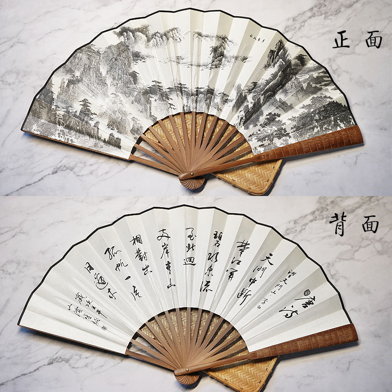 Logotipo tallado impresión publicidad ventilador de tela de seda de bambú estilo antiguo ventilador plegable mango de bambú hecho a mano ventilador de los hombres entrega de una sola pieza
