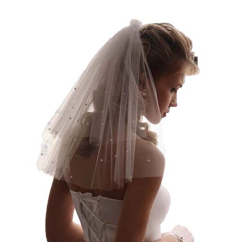 Puffy Korean style short style with hair comb wedding travel photography wedding simple bride double layer pearl hard veil