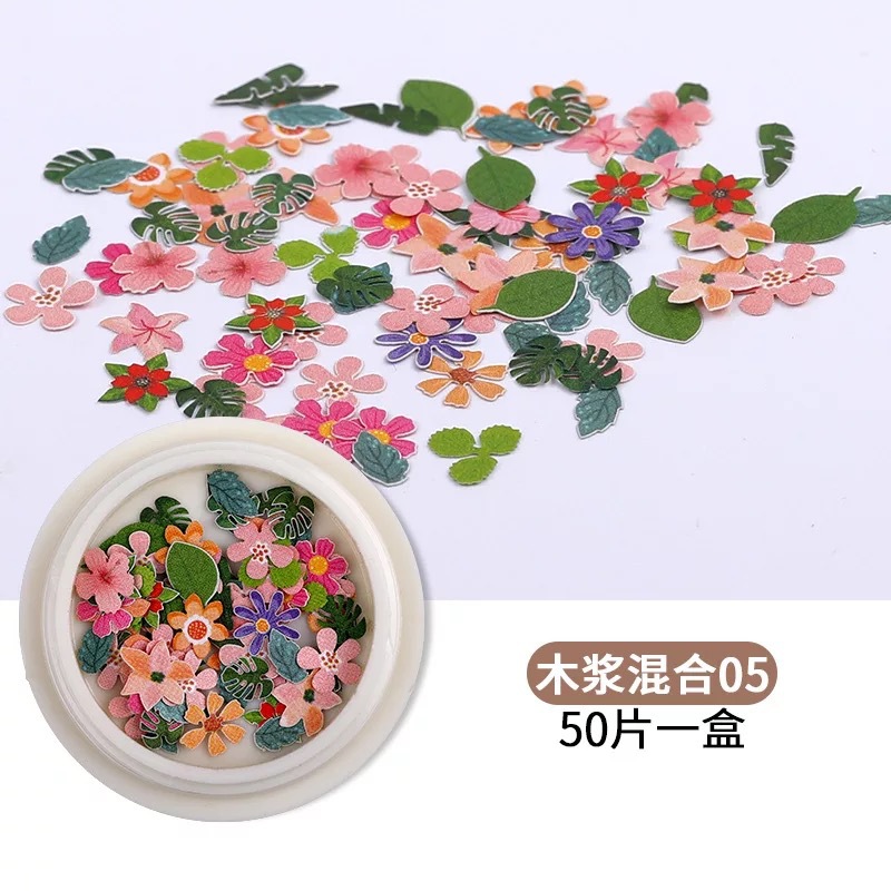 Internet celebridad estilo Accesorios de uñas ultra-Delgado clavo pulpa de madera pequeña Margarita flor hoja mixta uñas pegatinas Decoración