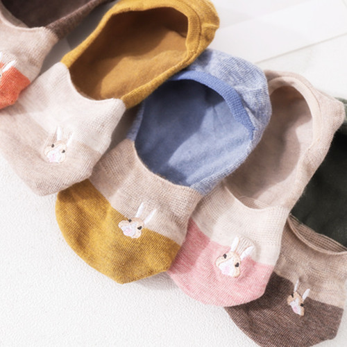 Japanese striped socks New embroidered rabbit women's boat socks cute cartoon animal female invisible socks