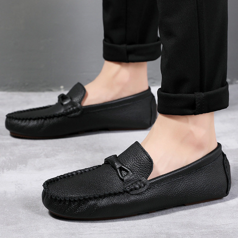 Giày lười nam da bò lớp đầu mũi tròn đế bệt, giày lái xe mềm thoáng khí — 1702 màu đen, 9959 màu đen, Màu cam 1702, Màu cam 9959