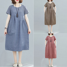文艺宽松拼接棉麻格子圆领短袖连衣裙女装中长款2025夏季新款实拍