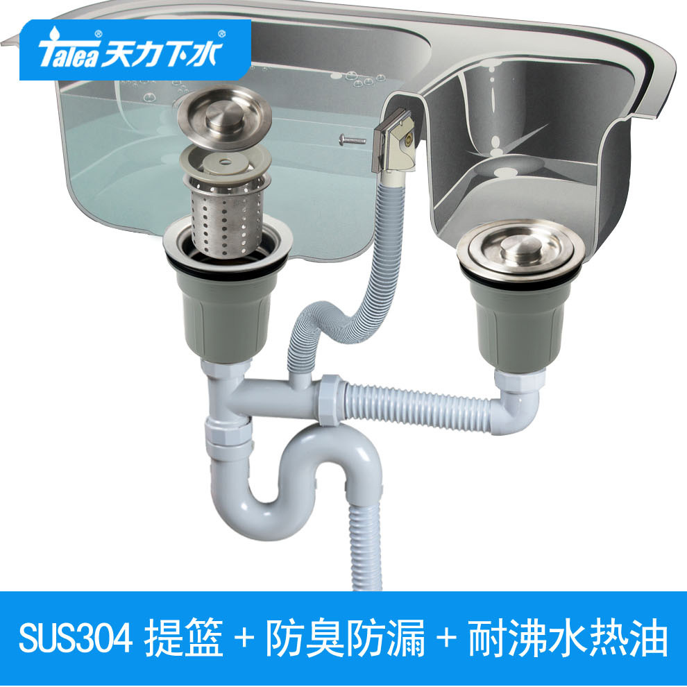 天力厨房双槽水盆下水器110mm提篮 洗菜盆下水S弯防臭排水管Z8028