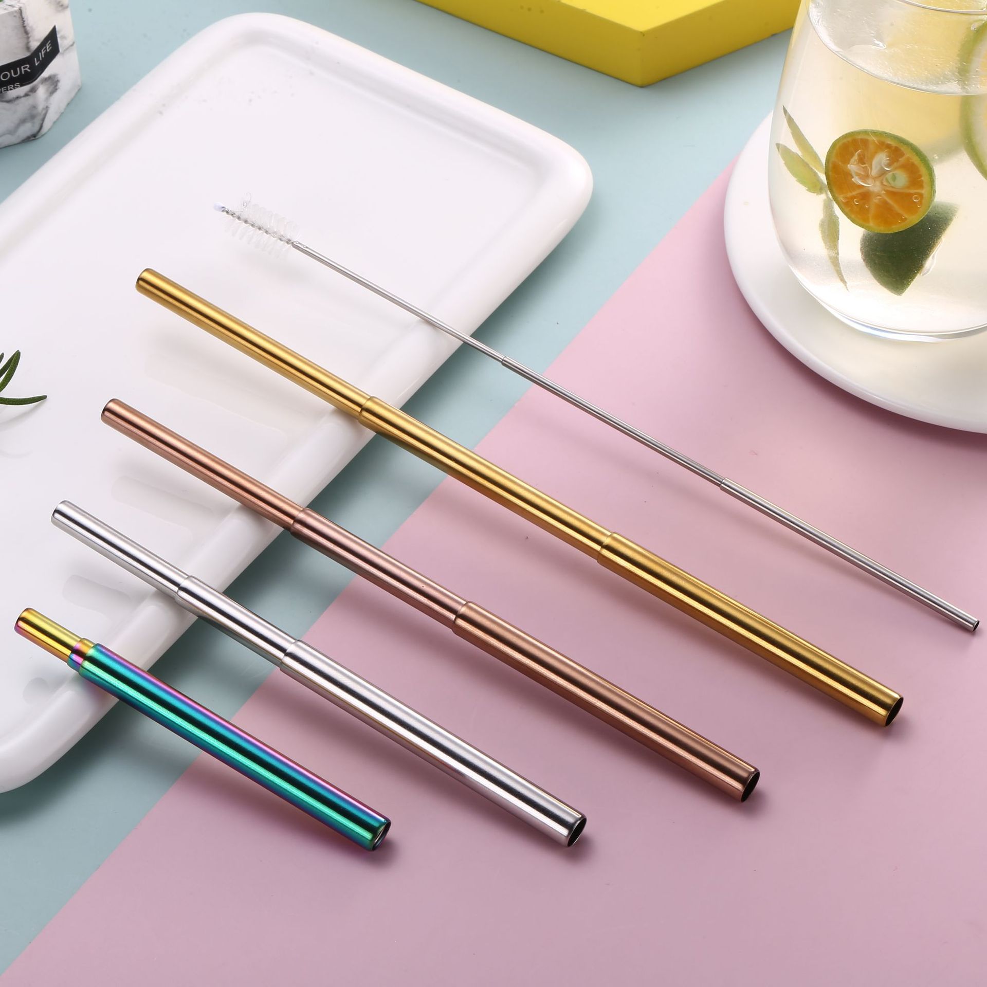 Paja telescópica de paja plegable de acero inoxidable creativo portátil traje de paja al aire libre paja telescópica de tres secciones