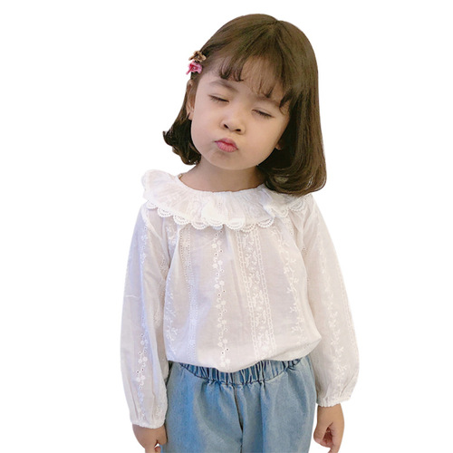 女童春秋装新款儿童长袖衬衫花边领衬衣简约纯色娃娃衫一件代发