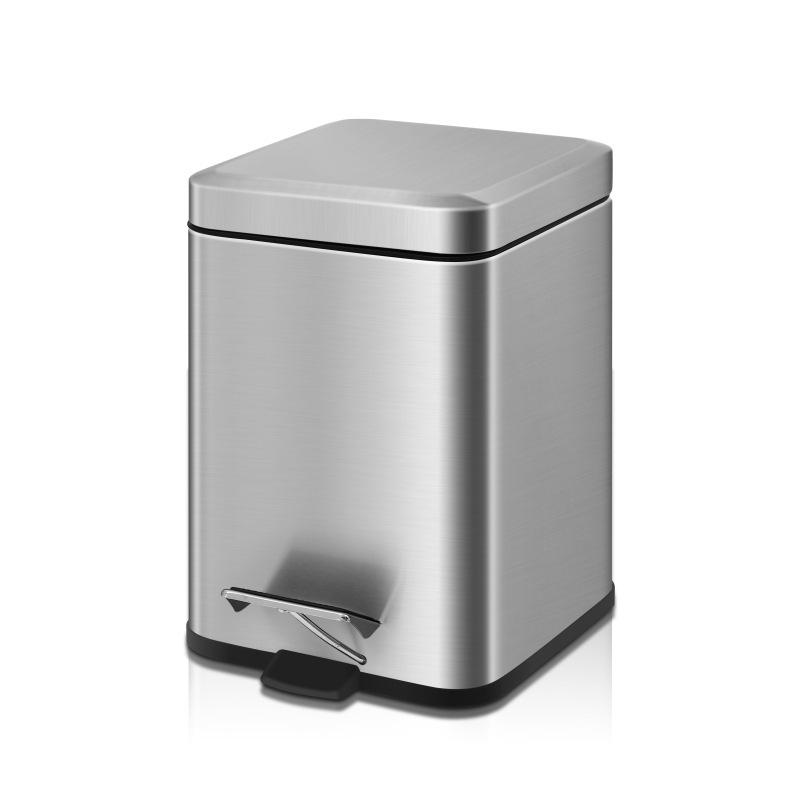 Bathroom Trash Can, Large Capacity 6 Liters, Foot-Operated, Stainless Steel, Metal, Square, Eco-Friendly, Durable, Odor-Proof