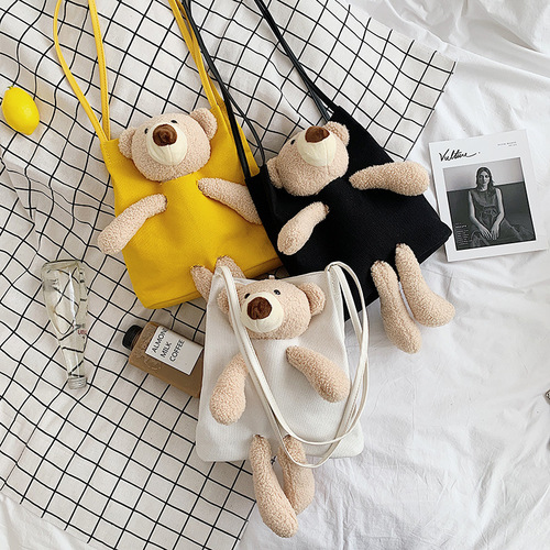 Summer small bag for women 2024 new trendy Korean style cute bear casual canvas bag shoulder handbag for girls