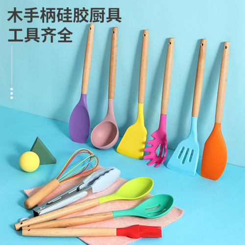 kitchen color silicone kitchen utensils 12-piece set with wooden handle spoon and spatula set cooking spatula and spoon 11-piece kitchen utensil set