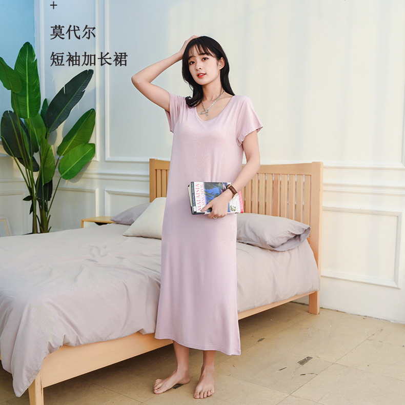 Modal Dress with Chest Pads for Women, Summer Round Neck Solid Color Short Sleeve Extended Nightgown, Loose Dress, Loose Extended Version