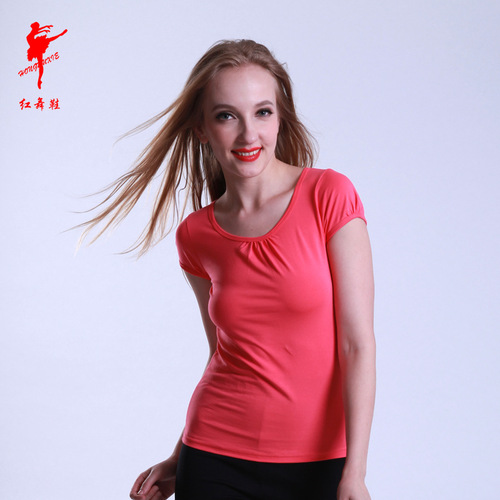Red Dance Shoes Women's Dance Odel Front Pleat Collar Round Neck Short Sleeve T-shirt 3321