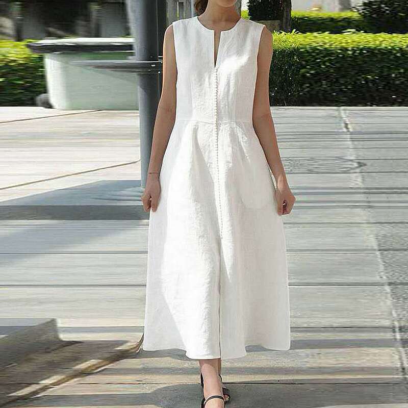 in stock 2024 EBAY AliExpress Amazon V-neck waist belt cotton linen hem split sleeveless dress