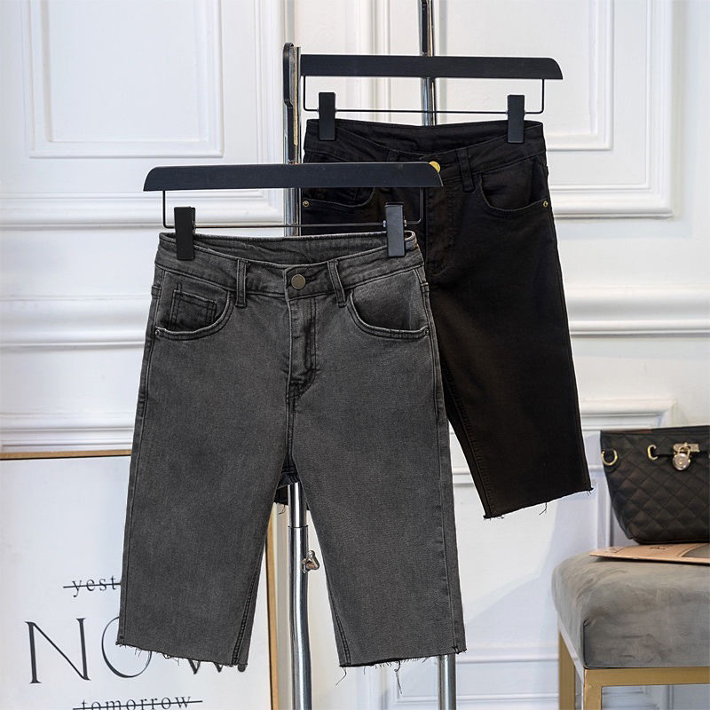 Smoke Gray Denim Shorts for Women 2025 Summer New High-Waisted Slim Fit Outerwear Trendy Cycling Shorts Mid-Length Pants