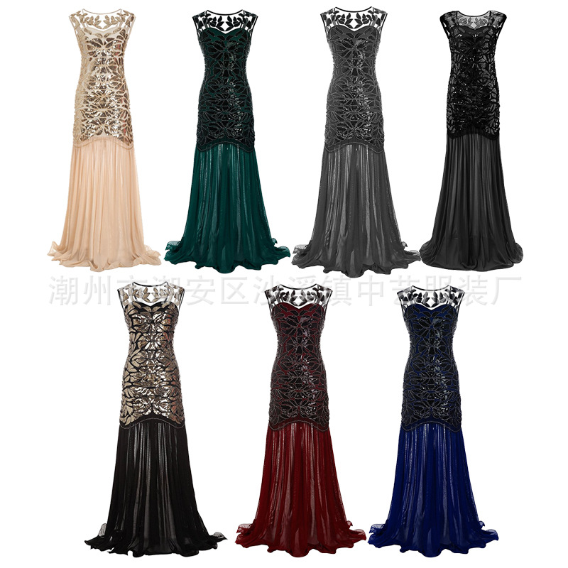 1920 transfronteriza de las mujeres vestido de Amazon AliExpress Plus tamaño vestido de bola vintage vestido de lentejuelas largo para el banquete