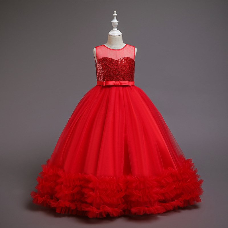 Amazon transfronterizo vestido de los niños verano niñas lentejuelas vestido de novia de malla bordada princesa pettiskirt