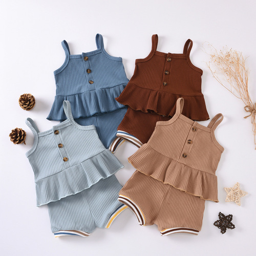 2024 Cross-border Baby and Toddler Set GL2027# Pit Bar Bodysuit with Small Dress + Ribbed Shorts Fashion Set