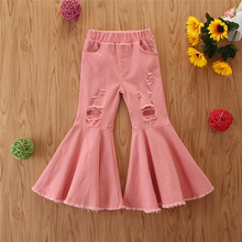 samgamibaby跨境童装儿童牛仔裤 个性时髦女童粉色破洞喇叭裤