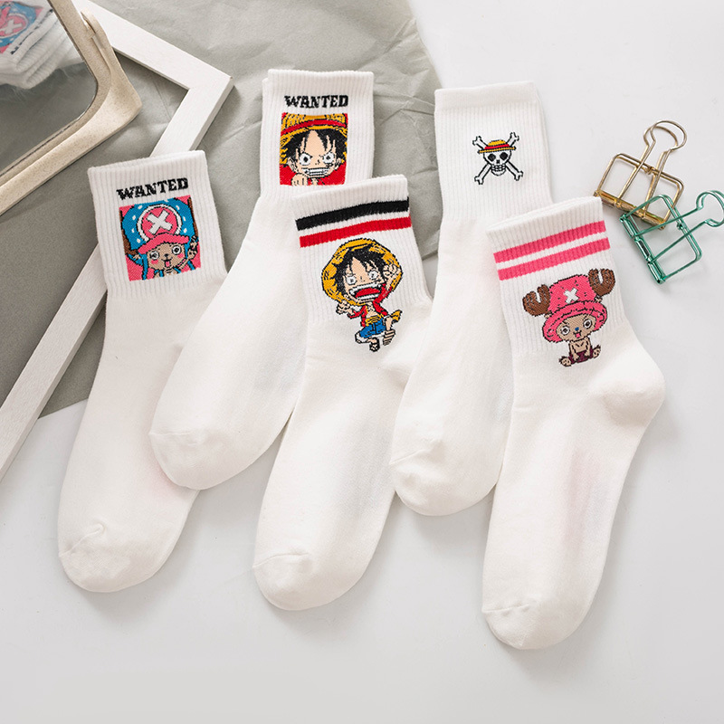 Primavera y verano nuevos calcetines de algodón para mujer Dibujos animados Luffy Qiao Ba calcetines a media pierna calcetines de algodón a rayas Calcetines de estilo japonés moda