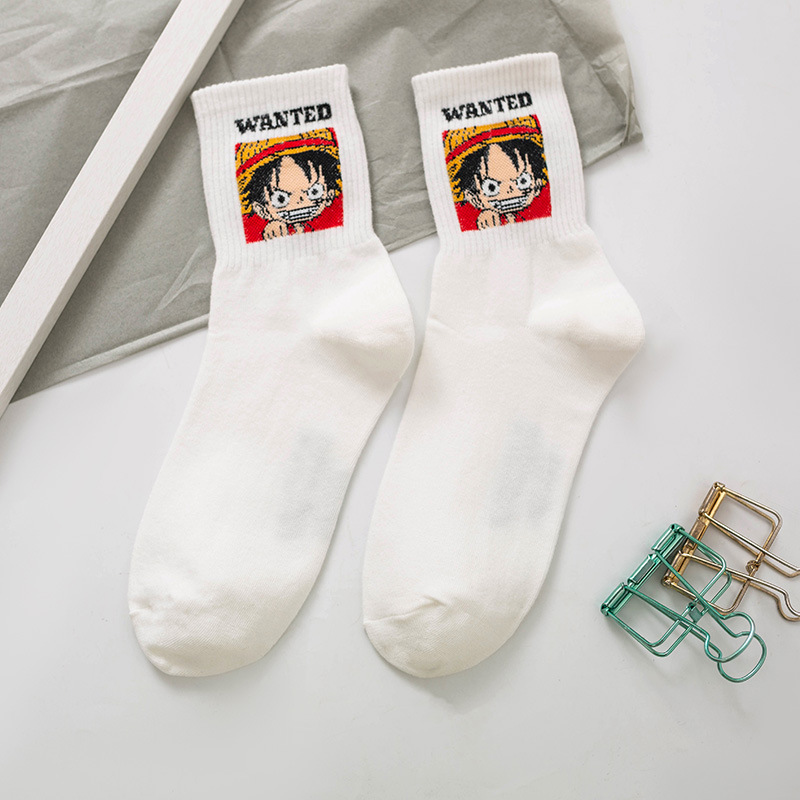 Primavera y verano nuevos calcetines de algodón para mujer Dibujos animados Luffy Qiao Ba calcetines a media pierna calcetines de algodón a rayas Calcetines de estilo japonés moda