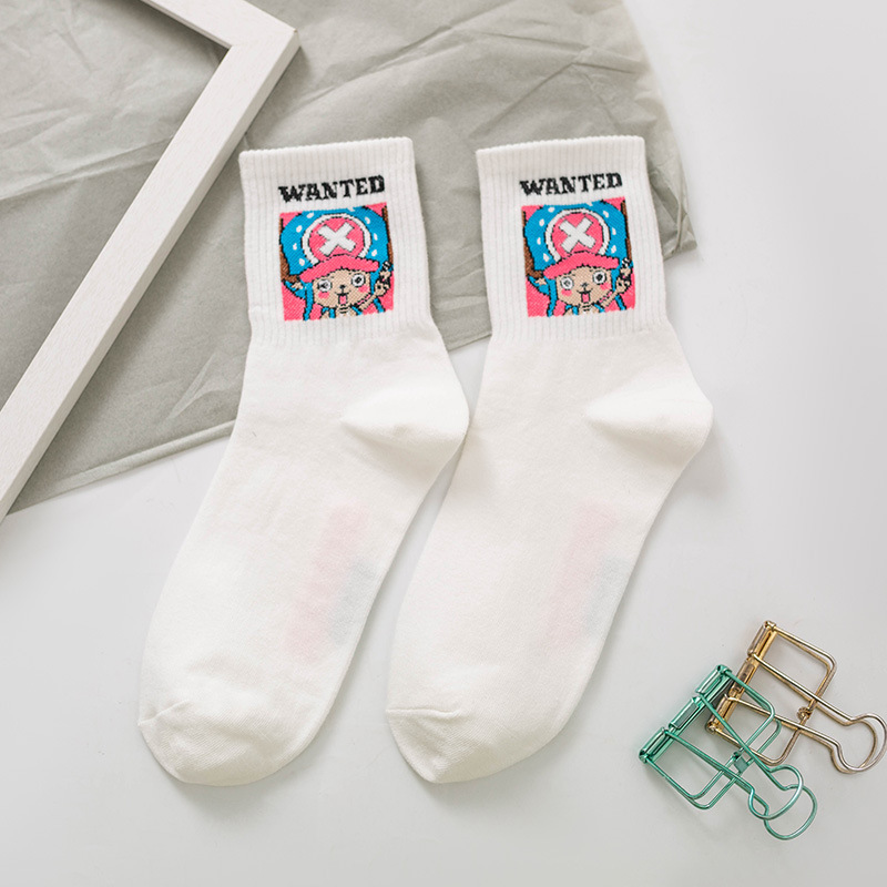 Primavera y verano nuevos calcetines de algodón para mujer Dibujos animados Luffy Qiao Ba calcetines a media pierna calcetines de algodón a rayas Calcetines de estilo japonés moda