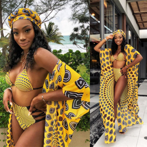 2020 Summer European and American Hollow Positioning Printed 3-piece Set Swimsuit Fashion Casual Suit