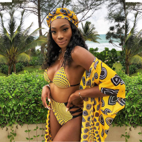 2020 Summer European and American Hollow Positioning Printed 3-piece Set Swimsuit Fashion Casual Suit