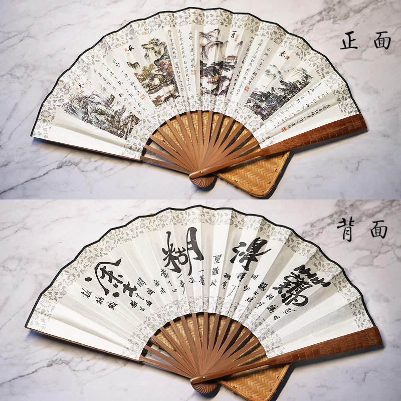 Logotipo tallado impresión publicidad ventilador de tela de seda de bambú estilo antiguo ventilador plegable mango de bambú hecho a mano ventilador de los hombres entrega de una sola pieza