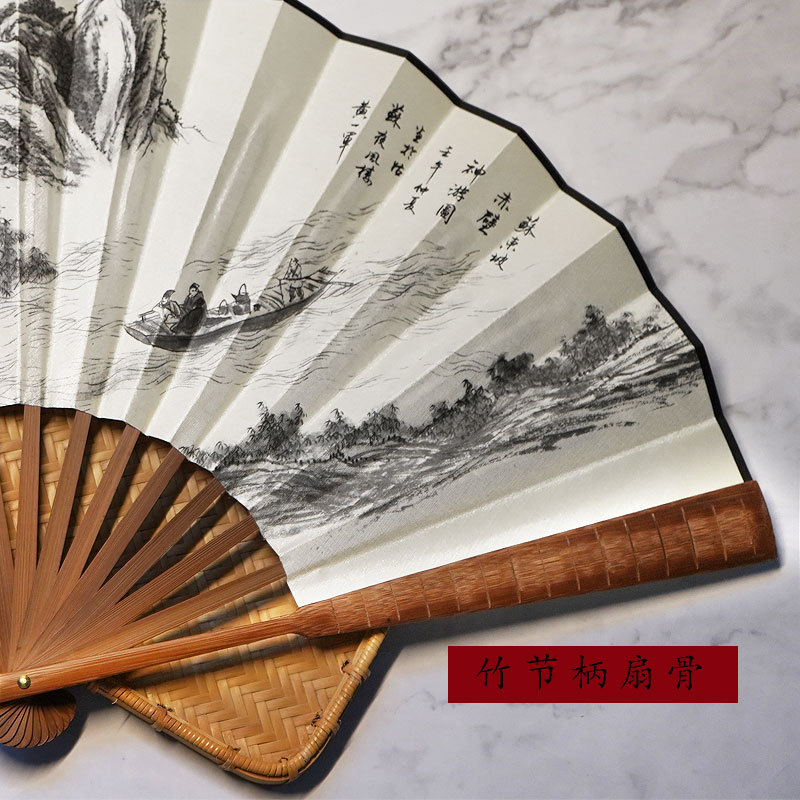 Logotipo tallado impresión publicidad ventilador de tela de seda de bambú estilo antiguo ventilador plegable mango de bambú hecho a mano ventilador de los hombres entrega de una sola pieza