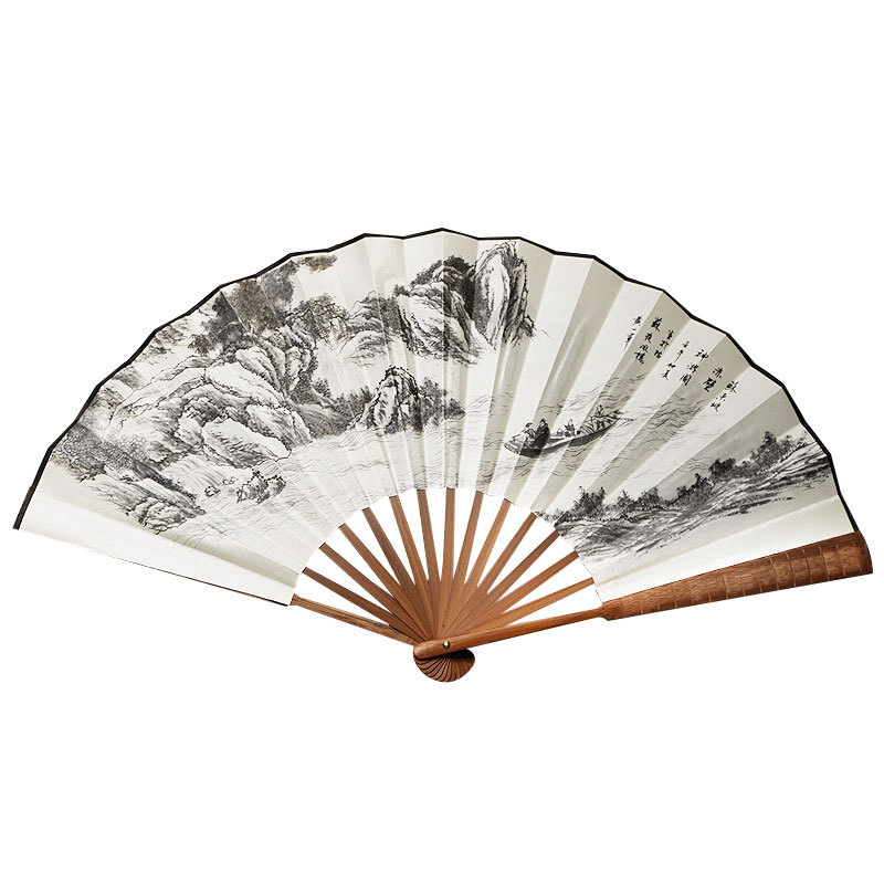 Logotipo tallado impresión publicidad ventilador de tela de seda de bambú estilo antiguo ventilador plegable mango de bambú hecho a mano ventilador de los hombres entrega de una sola pieza