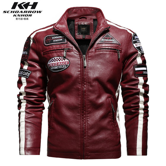 European and American plus size new men's PU jacket motorcycle racing clothing trendy men's leather coat fleece-lined thin labeling contrast color coat