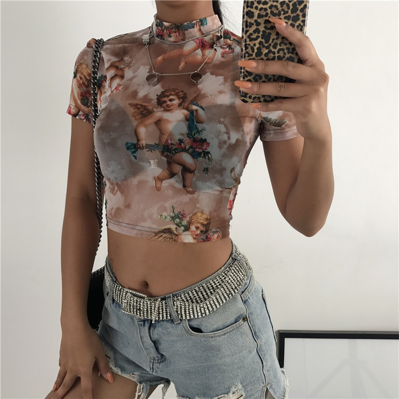 2020 primavera AliExpress Venta caliente nueva ropa de mujer temporada Cupido impreso manga corta camiseta base de malla