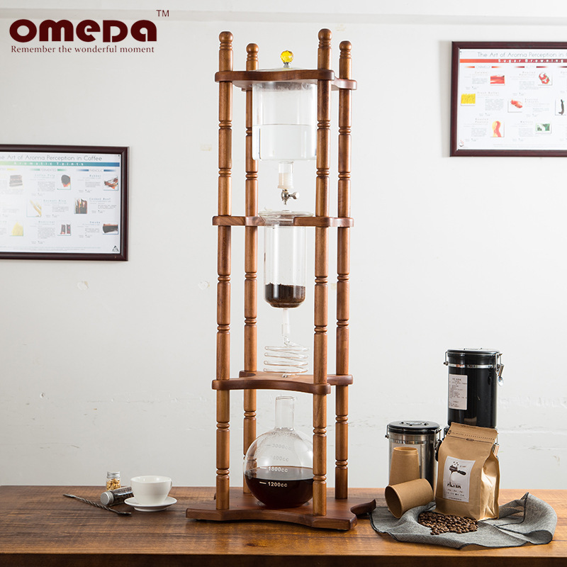 Commercial and Home Use 25-Serving Ice Drip Coffee Maker, Iced Coffee and Iced Tea Brewing Set with Wooden Stand and Glass Carafe