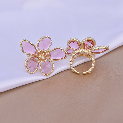 European and American personality exaggerated crystal flower ring, feminine, Korean fashion open ring, internet celebrity index finger ring, trendy