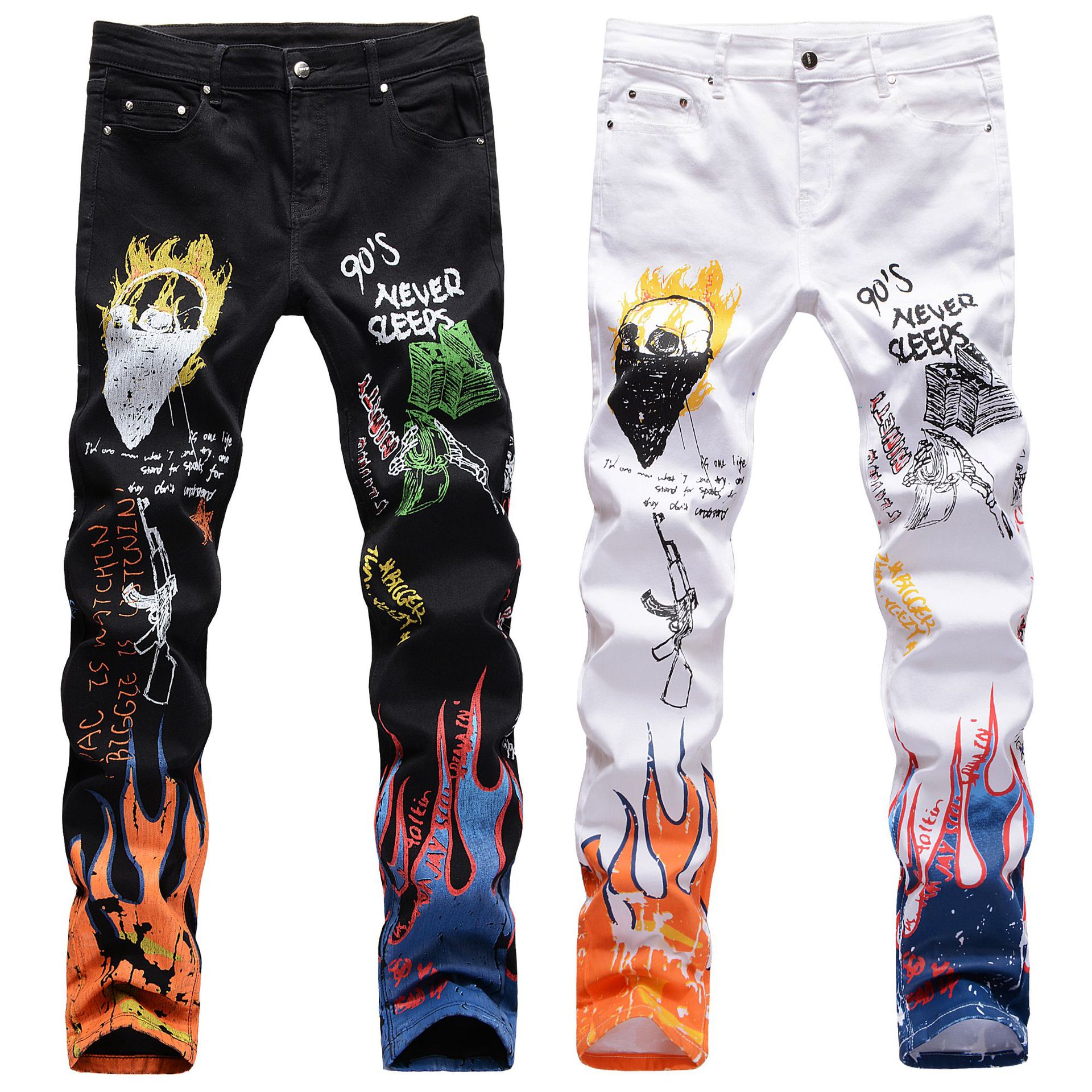 Fashion Trendy Brand High Street Men's Stretch Slim 3D Color Printing Black White Trousers Skull Graffiti Street Trendy Men's Pants