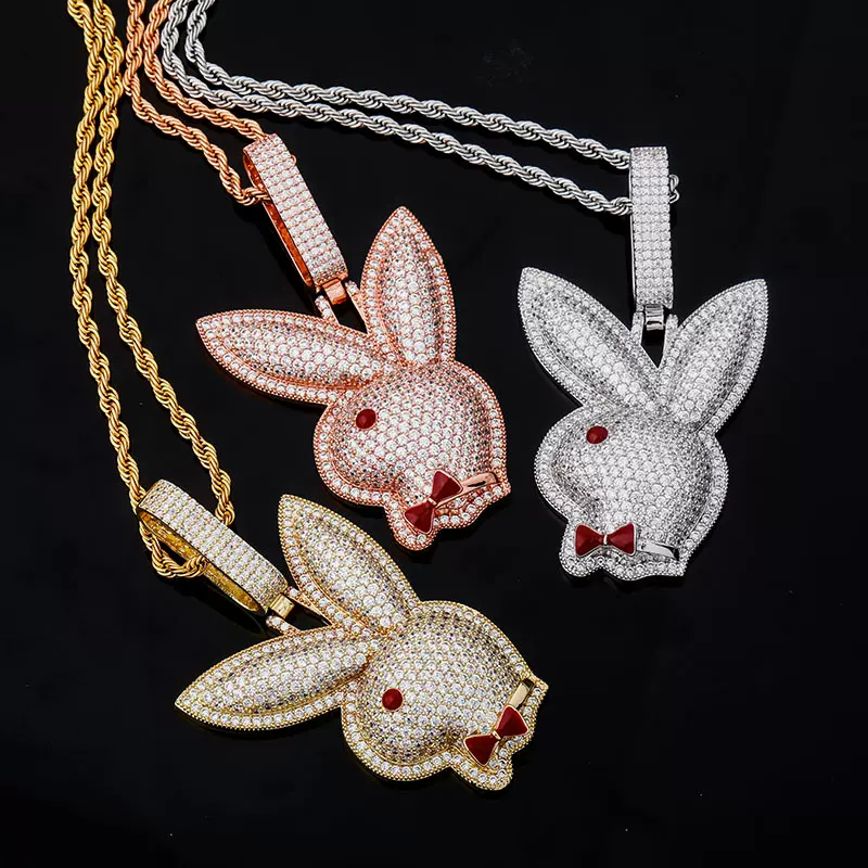 欧美ins亚马逊爆款红眼兔子带领结大号动物吊坠铜满锆石项链批发