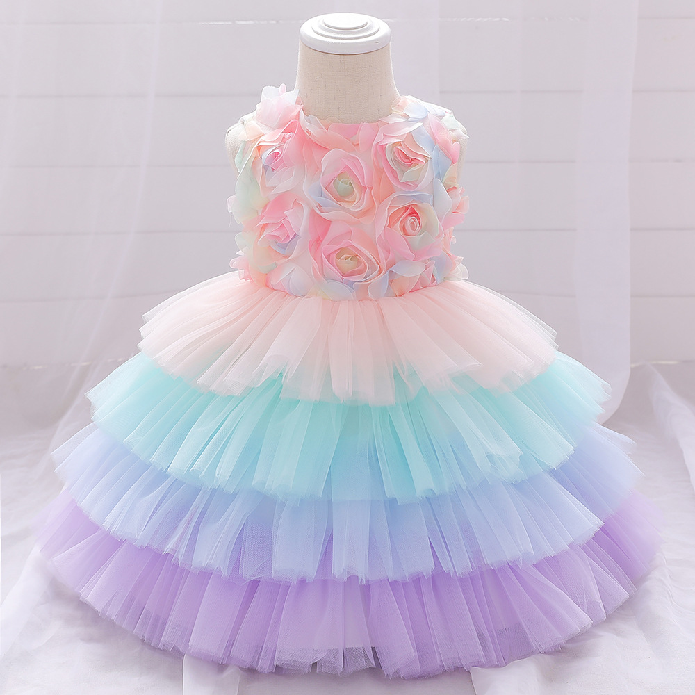 Rainbow Three-Dimensional Petal Colorblock Mesh Cake Dress Princess Dress Sleeveless Dress One-Year-Old Dress Photography Dress