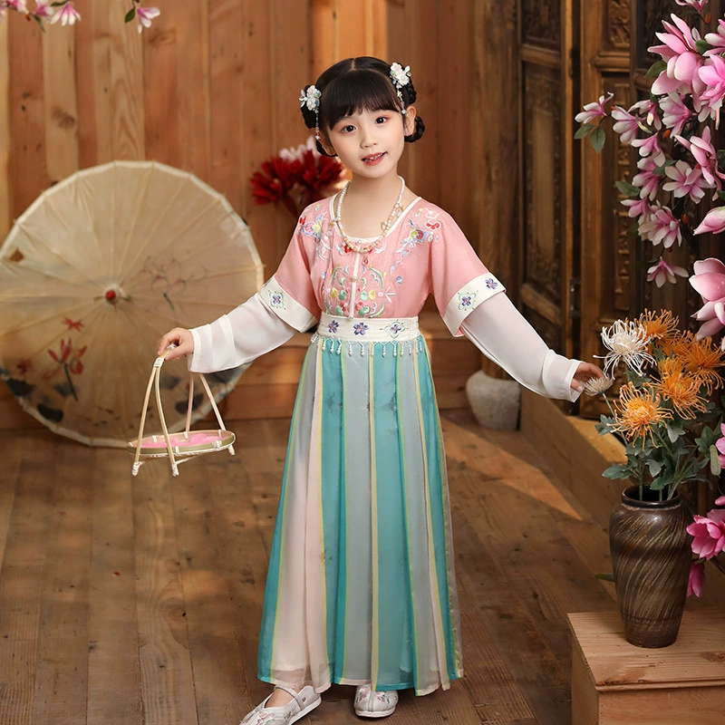 Новинка 2020, Детская Женская одежда в оригинальном китайском стиле ханьфу, детская одежда с вышивкой, юбка с цветочным воротником и короткими рукавами, костюм, платье