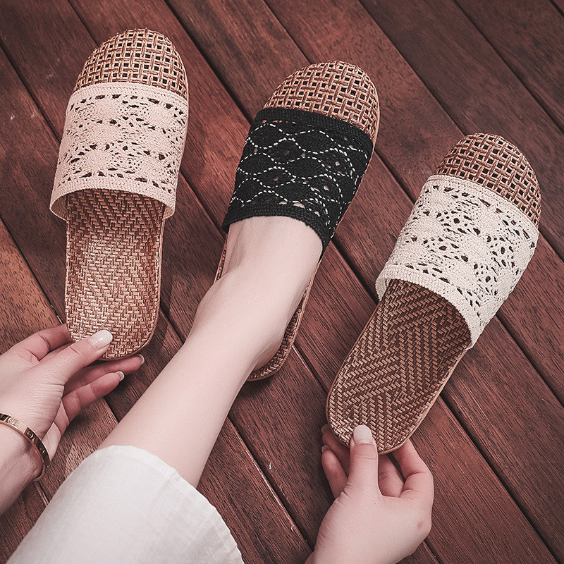 Summer Baotou Rattan Grass Woven Slippers Breathable Non-slip Rattan Indoor Home Linen Slippers for Men and Women Summer